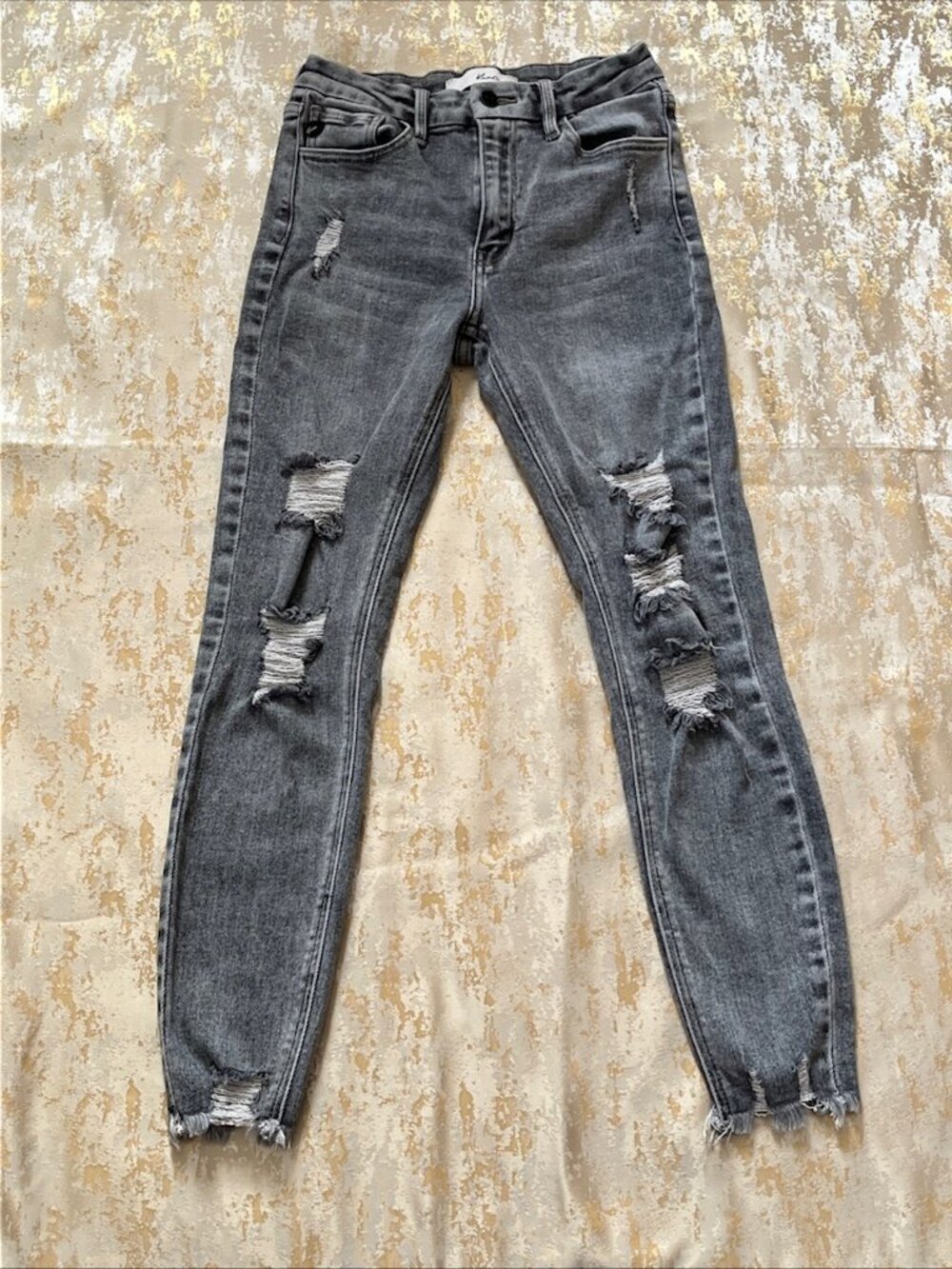 KanCan Womens Jeans sz 3/25 Estilo Skinny Gray Black Distressed Raw Hem Mid Rise